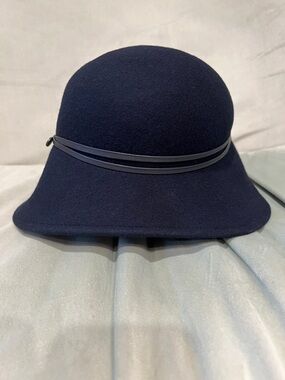 Classic Navy Wool Cloche Hat with Ribbon Trim
